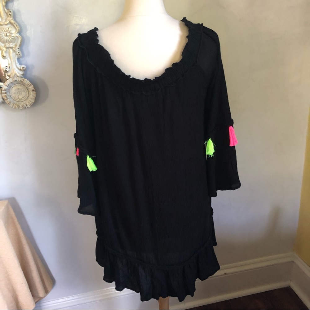 True Destiny beach, bohemian summer black off the shoulder tassel dress - Picture 7 of 16
